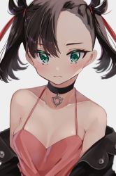 Rule 34 | 1girl, absurdres, asymmetrical bangs, bad id, bad pixiv id, bare shoulders, black choker, black hair, black jacket, blush, breasts, chigusa minori, choker, cleavage, cloud, collarbone, creatures (company), dress, game freak, green eyes, grey background, hair ribbon, highres, jacket, looking at viewer, marnie (pokemon), nintendo, off shoulder, open clothes, open jacket, pink dress, pokemon, pokemon swsh, red ribbon, ribbon, short hair, short twintails, simple background, small breasts, solo, twintails, upper body