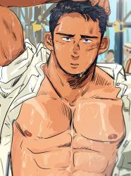 Rule 34 | 1boy, abs, absurdres, asu-kam, bara, bare pectorals, collared shirt, construction site, construction worker, hand on own head, highres, looking at viewer, male focus, mature male, muscular, muscular male, nipples, open clothes, open shirt, original, pectorals, shirt, short hair, sideburns, solo focus, sweat, tan, tanline, upper body, white shirt