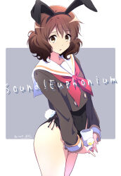 Rule 34 | 1girl, adapted costume, animal ears, bag, black bag, black leotard, brown eyes, brown hair, brown shirt, closed mouth, commentary request, copyright name, dated, fake animal ears, hibike! euphonium, highres, hip focus, kitauji high school uniform, leotard, looking at viewer, neckerchief, nii manabu, oumae kumiko, pink neckerchief, playboy bunny, rabbit ears, rabbit tail, sailor collar, sailor shirt, school uniform, shirt, short hair, side-tie leotard, signature, solo, standing, tail, thighs, white sailor collar, wide hips