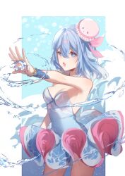 Rule 34 | 1girl, :d, absurdres, bare shoulders, blue background, blue dress, blue eyes, blue hair, border, bracelet, breasts, cleavage, colored tips, cowboy shot, dress, frilled dress, frills, haiyi, hat, highres, jewelry, light blue hair, light particles, looking at viewer, magic, medium hair, multicolored hair, open hand, open mouth, outside border, outstretched arm, pantyhose, pink dress, small breasts, smile, solo, standing, synthesizer v, two-tone dress, water, water drop, white border, zirancike