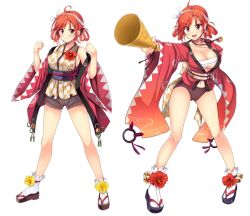 Rule 34 | 1girl, artist request, bare shoulders, bell, blush, breasts, buruma, canna (flower knight girl), cleavage, flower knight girl, hair ornament, hairclip, hand on own hip, holding, japanese clothes, large breasts, looking at viewer, megaphone, multiple views, navel, obi, open mouth, red eyes, red hair, sandals, sarashi, sash, shorts, simple background, smile, standing, tabi, white background, wide sleeves