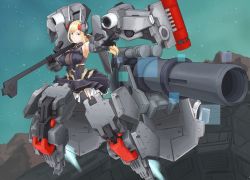 Rule 34 | 1girl, absurdres, alice gear aegis, bad id, bad pixiv id, black dress, black eyes, black gloves, blonde hair, breasts, cannon, dress, gloves, head tilt, highres, holding, holding weapon, large breasts, long hair, low ponytail, mecha musume, open hand, rita henschel, shoulder cannon, solo, space, v-shaped eyebrows, weapon, yaki (24centimetre)