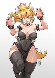 Rule 34 | 1girl, absurdres, armlet, bare hips, black nails, black thighhighs, blue eyes, blue gemstone, bowsette, bracelet, breasts, cleavage, collar, crown, dated, dress, eyelashes, forked eyebrows, gem, gradient background, highres, horns, jewelry, karla diaz castro, mario (series), nail polish, narrow waist, new super mario bros. u deluxe, nintendo, no bra, parted bangs, pointy ears, sharp teeth, solo, spiked armlet, spiked bracelet, spiked collar, spiked shell, spiked tail, spikes, standing, standing on one leg, strapless, strapless dress, super crown, tail, teeth, thick eyebrows, thighhighs, thighs, turtle shell, white background, wide hips