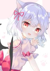 Rule 34 | 1girl, :d, animal ear fluff, animal ears, bat wings, black wings, cat ears, fang, hair ribbon, heart, heart-shaped pupils, highres, looking at viewer, open mouth, pafe yuzuran, petticoat, pink shirt, purple hair, red eyes, red ribbon, remilia scarlet, ribbon, shirt, short hair, simple background, skin fang, smile, symbol-shaped pupils, touhou, upper body, white background, wings