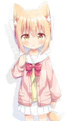 Rule 34 | 1girl, :o, animal ear fluff, animal ears, blush, bow, brown eyes, commentary request, drop shadow, hair between eyes, hair ornament, hairclip, highres, jacket, light brown hair, miike-chan, nakkar, open clothes, open jacket, original, parted lips, pink jacket, pleated skirt, red bow, sailor collar, school uniform, serafuku, shirt, skirt, solo, standing, tail, twitter username, white background, white sailor collar, white skirt, yellow shirt