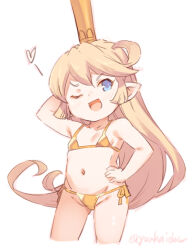 Rule 34 | 1girl, ;d, arm up, artist name, bare arms, bare shoulders, bikini, blonde hair, blue eyes, breasts, charlotta (granblue fantasy), commentary, cowboy shot, crown, gold bikini, granblue fantasy, groin, hair between eyes, hand on own hip, harvin, heart, jingai modoki, light blush, long hair, looking at viewer, navel, one eye closed, open mouth, pointy ears, side-tie bikini bottom, simple background, small breasts, smile, smug, solo, stomach, string bikini, swimsuit, tall crown, twitter username, very long hair, white background