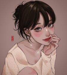 Rule 34 | 1girl, 2soh, black hair, blush, brown hair, emblem, glint, hand on own cheek, hand on own face, highres, jewelry, knee up, long sleeves, looking at viewer, necklace, original, red lips, sign, sitting, solo