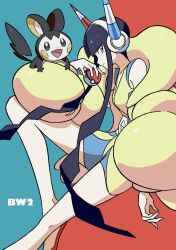 Rule 34 | 1girl, bike shorts, black hair, blunt bangs, buckle, closed mouth, commentary request, copyright name, creatures (company), elesa (pokemon), emolga, flats, from side, game freak, gen 5 pokemon, grey eyes, headphones, highres, holding, holding poke ball, jacket, long sleeves, nail polish, nintendo, open clothes, open jacket, poke ball, poke ball (basic), pokemon, pokemon (creature), pokemon bw2, red footwear, rii (mrhc7482), shirt, sidelocks, sleeveless, sleeveless shirt, two-tone background, yellow jacket, yellow shirt