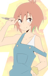 Rule 34 | 1girl, aosora neko, blue overalls, blush, closed mouth, colored inner hair, commentary request, do it yourself!!, green hair, hand on own hip, highres, holding, holding knife, knife, looking at viewer, multicolored hair, orange hair, overalls, short hair, smile, solo, yasaku rei