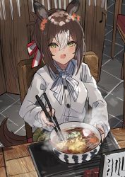Rule 34 | 1girl, animal ears, blush, brown hair, buttons, chair, chopsticks, collared shirt, eighth note, fine motion (umamusume), food, green eyes, hair between eyes, highres, holding, holding chopsticks, horse ears, horse girl, horse tail, long sleeves, looking at viewer, multicolored hair, musical note, noodles, open mouth, shirt, short hair, sitting, soba, solo, tail, the olphy, two-tone hair, umamusume, white hair