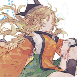 Rule 34 | 1girl, black footwear, black hat, blonde hair, boots, closed mouth, commentary, constellation print, green skirt, hat, highres, knee boots, kyuutame, long hair, matara okina, orange sleeves, skirt, smile, solo, symbol-only commentary, tabard, touhou, white background, wide sleeves, yellow eyes
