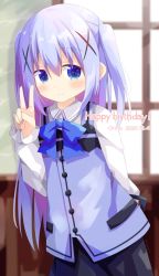 Rule 34 | 1girl, black skirt, blue bow, blue eyes, blue hair, blue vest, blurry, blurry background, blush, bow, character name, closed mouth, collared shirt, commentary request, dated, depth of field, gochuumon wa usagi desu ka?, hair between eyes, hair ornament, hand up, happy birthday, highres, indoors, kafuu chino, long hair, long sleeves, looking at viewer, nakkar, purple hair, rabbit house uniform, shirt, skirt, sleeves past wrists, smile, solo, two side up, uniform, v, very long hair, vest, waitress, white shirt, window, x hair ornament