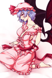 Rule 34 | 1girl, aged up, ankle cuffs, barefoot, bat wings, bed sheet, blue hair, breasts, center frills, collarbone, commentary request, detached sleeves, dress, fang, fang out, frilled shirt collar, frills, full body, hand up, hat, hat ribbon, highres, large breasts, looking at viewer, mob cap, nail polish, partially unbuttoned, pink dress, pink hat, pointy ears, profile, puffy short sleeves, puffy sleeves, red eyes, red nails, red ribbon, red sash, remilia scarlet, ribbon, sash, short hair, short sleeves, sitting, smile, solo, touhou, wariza, white background, wings, wrist cuffs, zellam