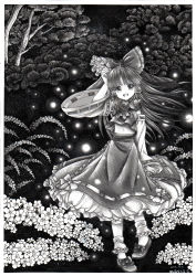 Rule 34 | 1girl, ankle socks, artist name, ascot, bow, cherry blossoms, dated, detached sleeves, fireflies, greyscale, hair bow, hakurei reimu, hand on own head, highres, long hair, looking at viewer, midriff, monochrome, mosho, navel, nib pen (medium), open mouth, petticoat, skirt, skirt set, socks, solo, touhou, traditional media, tree