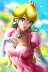 Rule 34 | 1girl, blonde hair, blue eyes, blurry, blurry background, breasts, cleavage, commentary, covered navel, crown, dress, earrings, elbow gloves, english commentary, gloves, hand up, jewelry, kc-05, large breasts, long hair, looking at viewer, mario (series), nintendo, parted lips, pink dress, pink lips, princess peach, short sleeves, signature, solo, super mario bros. 1, white gloves