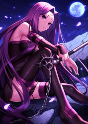 Rule 34 | 1girl, black dress, black footwear, black sleeves, boots, breasts, chain, closed mouth, detached sleeves, dress, facial mark, fate/stay night, fate (series), floating hair, from side, full moon, hair intakes, holding, holding weapon, large breasts, long hair, long sleeves, medusa (fate), medusa (rider) (fate), moon, nameless dagger (fate), night, no mask, omochimochi, outdoors, purple eyes, purple hair, shiny footwear, short dress, sideboob, sitting, sky, sleeveless, sleeveless dress, solo, strapless, strapless dress, thigh boots, thighhighs, tube dress, very long hair, weapon