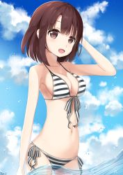 Rule 34 | 1girl, arm at side, arm up, artist name, bikini, black bikini, blue sky, blush, breasts, brown eyes, brown hair, cloud, cloudy sky, contrapposto, cowboy shot, day, front-tie top, gluteal fold, halterneck, hand in own hair, highres, katou megumi, large breasts, lineflo, looking at viewer, multicolored bikini, multicolored clothes, navel, outdoors, saenai heroine no sodatekata, short hair, side-tie bikini bottom, sky, smile, solo, sparkle, standing, stomach, string bikini, striped bikini, striped clothes, sunlight, swimsuit, wading, water, water drop, white bikini