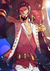 Rule 34 | 1boy, archer (lostbelt), beard, belt, blue eyes, blue sky, brown hair, carrying over shoulder, facial hair, fate/grand order, fate (series), grin, jacket, kiritachi, long sideburns, looking at viewer, male focus, military, military uniform, napoleon bonaparte (fate), open clothes, open jacket, pectorals, red shirt, shirt, sideburns, sky, smile, solo, uniform