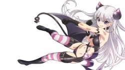 Rule 34 | 10s, 1girl, armband, bare shoulders, black gloves, black panties, breasts, demon girl, demon tail, demon wings, female focus, gloves, hair ornament, highres, long hair, medium breasts, naruse maria, navel, panties, pointy ears, shinmai maou no testament, silver hair, simple background, smile, solo, striped clothes, striped thighhighs, tail, thighhighs, underboob, underwear, wings