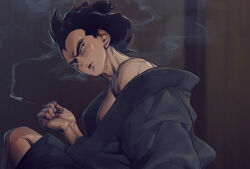 Rule 34 | 1boy, alternate hairstyle, bara, bare pectorals, black kimono, dark room, dragon ball, dragonball z, feet out of frame, flaring, hair bun, hand up, head tilt, highres, holding, holding smoking pipe, japanese clothes, kimono, limp wrist (meme), lips, looking to the side, male focus, meme, muscular, muscular male, naked kimono, off shoulder, open mouth, pectorals, receding hairline, short hair, sideburns, sitting, smoke, smoking, smoking pipe, solo, spiked hair, supobi, thick eyebrows, turning head, vegeta