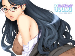 Rule 34 | 10s, 1girl, 2011, :o, bare shoulders, black hair, blue hair, bra, breasts, brown eyes, brown panties, business suit, clothes lift, covered erect nipples, earrings, formal, glasses, ino (magloid), jewelry, large breasts, lingerie, lips, lipstick, long hair, looking at viewer, looking back, makeup, mature female, men&#039;s young, off shoulder, office lady, open clothes, open mouth, open shirt, orange eyes, panties, print bra, print panties, profile, red-framed eyewear, shirt, sideboob, simple background, skirt, skirt lift, solo, strap gap, suit, underwear, undressing, very long hair, wallpaper, wavy hair