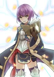 Rule 34 | 1girl, armor, armored boots, book, boots, breastplate, cape, fire emblem, fire emblem: new mystery of the emblem, fire emblem awakening, grin, highres, katarina (fire emblem), lightning, looking at viewer, nintendo, pasu, purple hair, purple thighhighs, robe, simple background, smile, solo, thighhighs, thighs, white background, yellow eyes