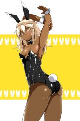 Rule 34 | 1girl, animal ears, armpits, arms behind head, arms up, ass, blush, breasts, dark-skinned female, dark skin, fake animal ears, guilty gear, guilty gear xrd, kaname nagi, looking at viewer, pantyhose, playboy bunny, rabbit ears, rabbit tail, ramlethal valentine, short hair, small breasts, solo, tail, white hair, yellow eyes