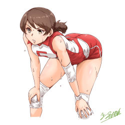 Rule 34 | 1girl, artist name, brown eyes, brown hair, commentary request, cropped legs, elbow pads, frown, girls und panzer, hands on own knees, highres, kawanishi shinobu, knee pads, leaning forward, looking to the side, open mouth, red shirt, red shorts, satou yasu, shirt, short hair, short ponytail, short shorts, shorts, signature, simple background, single vertical stripe, sleeveless, sleeveless shirt, solo, sportswear, standing, sweatdrop, swept bangs, volleyball uniform, white background