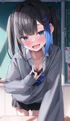Rule 34 | 1girl, absurdres, black bra, black hair, black skirt, blue bow, blue bowtie, blue eyes, blue hair, blunt bangs, blurry, blurry background, blush, bow, bowtie, bra, breasts, cardigan, chalkboard, classroom, cleavage, collarbone, collared shirt, cowboy shot, desk, downblouse, dress shirt, fang, green tea (greente42869067), grey cardigan, highres, indie virtual youtuber, indoors, leaning forward, long hair, long sleeves, looking at viewer, miniskirt, multicolored hair, munmosshu, open clothes, open mouth, open shirt, pleated skirt, shirt, skin fang, skirt, sleeves past wrists, small breasts, solo, striped bow, striped bowtie, striped clothes, sweatdrop, thigh gap, two-tone hair, unbuttoned, unbuttoned shirt, underwear, virtual youtuber, white shirt, wing collar