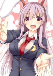 Rule 34 | 1girl, animal ears, bad id, bad pixiv id, blazer, blush, breasts, commentary request, crescent, crescent pin, gradient background, heart, hisae (hisae collect), jacket, large breasts, light purple hair, long hair, long sleeves, looking at viewer, necktie, open mouth, outstretched arm, pink background, rabbit ears, red eyes, red necktie, reisen udongein inaba, shirt, skirt, smile, solo, touhou, upper body, white background, white skirt