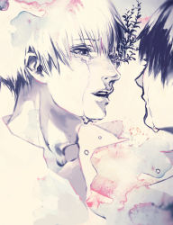 Rule 34 | 2boys, close-up, collarbone, collared shirt, commentary, dual persona, highres, kaneki ken, koujima shikasa, looking at another, male focus, multiple boys, open mouth, parted lips, shirt, short hair, solo focus, symbol-only commentary, tears, teeth, tokyo ghoul