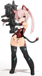 Rule 34 | 10s, 1girl, bare shoulders, black footwear, boots, breasts, cable, cable tail, closed mouth, frame arms girl, full body, gun, hand up, headgear, highres, holding, holding gun, holding weapon, innocentia, joints, karukan (monjya), legs apart, long hair, looking at viewer, mecha musume, mechanical tail, no pants, panties, petite, pink hair, purple eyes, rifle, robot joints, shadow, simple background, small breasts, solo, standing, strapless bottom, tail, thigh boots, thighhighs, twintails, underwear, weapon, white background, white panties