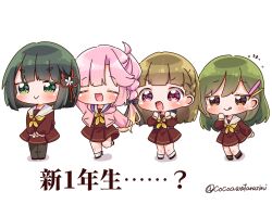 Rule 34 | 4girls, :q, anyoji hime, black hair, black pantyhose, blush, brown dress, brown hair, chibi, closed eyes, closed mouth, commentary request, dress, fukune koko, full body, furrowed brow, green eyes, green hair, hair ornament, hairclip, hasu no sora school uniform, highres, jacket, kachimachi kosuzu, link! like! love live!, long hair, long sleeves, looking at viewer, love live!, momose ginko, multiple girls, neckerchief, oogami sachi, open clothes, open jacket, open mouth, orange eyes, pantyhose, pink hair, pink jacket, ponytail, purple eyes, sailor collar, school uniform, short hair, smile, socks, standing, standing on one leg, thick eyebrows, tongue, tongue out, translation request, twitter username, v-shaped eyebrows, virtual youtuber, white background, white sailor collar, white socks, winter uniform, yellow neckerchief