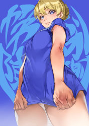 Rule 34 | 1girl, :p, absurdres, blonde hair, blue background, blue eyes, blue shirt, braid, closed mouth, cowboy shot, darjeeling (girls und panzer), from below, geregere (lantern), girls und panzer, highres, looking at viewer, looking down, no pants, shirt, shirt tug, short hair, short sleeves, smile, solo, standing, swept bangs, t-shirt, thighs, tongue, tongue out
