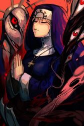 Rule 34 | 1girl, blonde hair, blue dress, closed eyes, cross, cross necklace, double (skullgirls), dress, extra eyes, hungry clicker, jewelry, long sleeves, looking at viewer, necklace, nun, own hands clasped, own hands together, parted lips, praying, red eyes, skullgirls, solo, traditional nun, veil