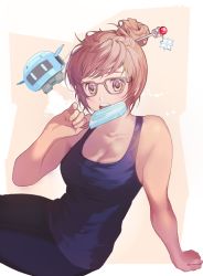 Rule 34 | 1girl, arm at side, arm support, bad id, bad twitter id, bare shoulders, beads, black-framed eyewear, blue legwear, blue shirt, breasts, brown eyes, brown hair, cleavage, collarbone, drone, floating, food, glasses, hair bun, hair ornament, hair stick, hairclip, ice cream, large breasts, looking at viewer, machinery, mei (overwatch), open mouth, overwatch, overwatch 1, popsicle, robot, shirt, short hair, sidelocks, single hair bun, sitting, sleeveless, sleeveless shirt, snowball (overwatch), snowflake hair ornament, solo, tank top, teeth