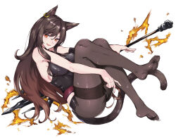 Rule 34 | 1girl, absurdres, animal ear piercing, animal ears, arknights, ass, bare arms, bare shoulders, black one-piece swimsuit, brothercoral, brown hair, brown tail, brown thighhighs, cat ears, cat girl, cat tail, commission, feet, fire, full body, highres, knees up, long hair, looking at viewer, one-piece swimsuit, open mouth, orange eyes, skeb commission, skyfire (arknights), smile, soles, solo, swimsuit, tail, thighhighs, toes, wet, white background