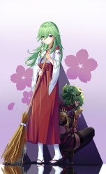 2girls absurdres aged_down armor ass broom cardigan commentary_request czk dual_persona from_behind full_body genshin_impact green_hair hair_between_eyes hair_ornament hair_tubes hakama hakama_skirt head_tilt highres holding holding_broom hood hooded_cardigan japanese_clothes kuki_shinobu long_hair long_sleeves looking_at_another looking_at_viewer mask midriff miko mouth_mask multiple_girls ponytail purple_eyes short_shorts shorts shoulder_armor sidelocks simple_background skirt squatting standing thighhighs zettai_ryouiki