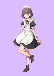 Rule 34 | 1girl, alternate costume, apron, black dress, black footwear, boots, braid, brown hair, closed mouth, collared dress, copyright request, dress, enmaided, frilled apron, frilled dress, frills, full body, hand up, high heel boots, high heels, highres, kazuharu kina, looking at viewer, maid, maid apron, maid headdress, puffy short sleeves, puffy sleeves, purple background, red eyes, short sleeves, simple background, solo, standing, standing on one leg, twitter username, virtual youtuber, white apron, wrist cuffs