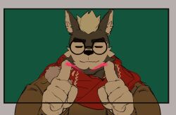 Rule 34 | 1boy, absurdres, alternate costume, animal ears, bad id, bad weibo id, bara, beenic, bespectacled, christmas, closed eyes, dog boy, dog ears, furry, furry male, glasses, green background, gyee, hands up, heart, heart hands, highres, holding, holding letter, kuroshima kurishiro (muyi24108414), letter, male focus, motion lines, original, red scarf, round eyewear, scarf, short hair, smile, solo, thick eyebrows, upper body