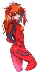 Rule 34 | 1girl, artist request, ass, blue eyes, bodysuit, breasts, brown hair, eyebrows visible through, hair between eyes, hand in own hair, hand on own hip, highres, long hair, looking at viewer, looking to the side, naughty face, neon genesis evangelion, orange hair, plugsuit, red bodysuit, shiny clothes, skin tight, solo, souryuu asuka langley, two side up, very long hair, wide hips