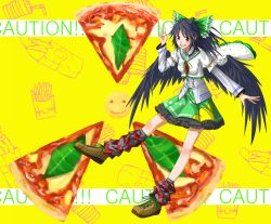 Rule 34 | 1girl, adapted costume, argyle, argyle clothes, argyle legwear, bad id, bad pixiv id, black hair, black wings, bow, cape, fast food, female focus, food, french fries, hair bow, highres, hot dog, long hair, pizza, radiation symbol, red eyes, reiuji utsuho, shoes, skirt, smile, smiley face, solo, tks (526tks), touhou, v, wings