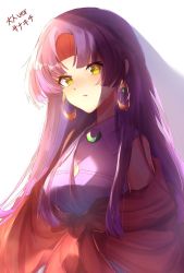 Rule 34 | 1girl, bow, earrings, edamameoka, fire emblem, fire emblem: radiant dawn, headband, highres, jewelry, long hair, looking at viewer, nintendo, parted bangs, parted lips, purple hair, red bow, red headband, sanaki kirsch altina, shirt, simple background, solo, upper body, white background, yellow eyes