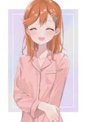Rule 34 | 1girl, artistic error, bad hands, blush, border, breast pocket, closed eyes, collarbone, commentary request, facing viewer, furrowed brow, hair ornament, hairclip, highres, holding own arm, long sleeves, love live!, love live! superstar!!, medium hair, mi0907 mi, open mouth, orange hair, outside border, pajamas, pink pajamas, pink shirt, pocket, purple background, shibuya kanon, shirt, solo, upper body, white border