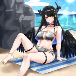 Rule 34 | 1girl, absurdres, aidoruhakase, beach, beach towel, bikini, black bikini, black choker, black hair, black wings, blue hair, blue nails, blue sky, breasts, choker, cleavage, cloud, colored inner hair, feathered wings, highres, hololive, hololive english, large breasts, long hair, looking at viewer, multicolored hair, nail polish, navel, nerissa ravencroft, o-ring, o-ring choker, red eyes, rock, sand, sky, smile, solo, swimsuit, thigh strap, towel, virtual youtuber, water, wings