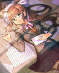 Rule 34 | 1girl, absurdres, blue skirt, brown hair, commentary, doki doki literature club, english commentary, flat chest, green eyes, highres, long hair, lying, mitsumachi senji, monika (doki doki literature club), on back, on ground, paper, ponytail, school uniform, skirt, solo