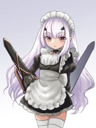Rule 34 | 1girl, alternate costume, apron, black dress, dress, enmaided, melusine (fate), fate/grand order, fate (series), forked eyebrows, gradient background, highres, long hair, maid, maid apron, maid headdress, sow mhxx, thighhighs, white hair