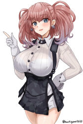 Rule 34 | 1girl, anchor hair ornament, atlanta (kancolle), black skirt, blush, breasts, brown hair, chamumi (mochiumee), cowboy shot, dress shirt, earrings, gloves, grey eyes, hair ornament, high-waist skirt, jewelry, kantai collection, large breasts, long hair, long sleeves, looking at viewer, partially fingerless gloves, shirt, simple background, single earring, skirt, smile, solo, star (symbol), star earrings, suspender skirt, suspenders, twitter username, two side up, white shirt
