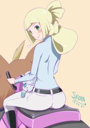 Rule 34 | aged up, alolan form, alolan vulpix, ass, back, bad id, bad pixiv id, belt, blonde hair, blunt bangs, blush, boots, braid, commentary request, creatures (company), dated, french braid, from behind, game freak, gen 7 pokemon, green eyes, lillie (pokemon), long sleeves, looking at viewer, looking back, nintendo, on lap, one eye closed, ono toshihiro, pants, pokemon, pokemon (anime), pokemon (creature), pokemon sm (anime), riding, sitting, smile, turtleneck, white pants
