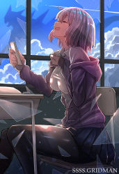 Rule 34 | 10s, 1girl, black skirt, bow, bowtie, breasts, cellphone, closed eyes, cloud, cloudy sky, collared shirt, debris, fang, gridman universe, hair between eyes, hand on own chest, highres, holding, holding phone, hood, hooded sweater, hoodie, jacket, large breasts, light purple hair, logo, long sleeves, off shoulder, open mouth, pantyhose, pasoputi, phone, pleated skirt, purple bow, purple bowtie, purple jacket, school uniform, shinjou akane, shirt, short hair, sitting, skirt, sky, smile, solo, ssss.gridman, sweater, white shirt, zipper pull tab